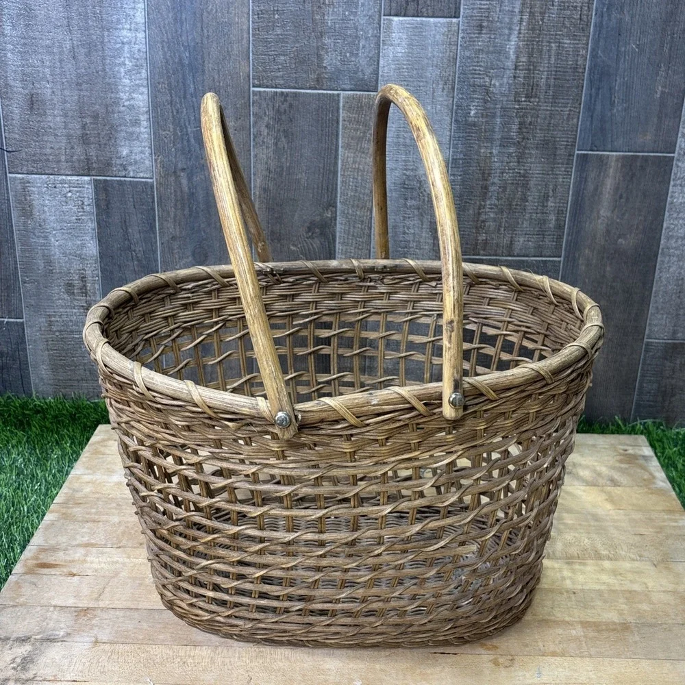 Vintage Wicker Market Basket Double Handles Rustic Farmhouse Decor Large